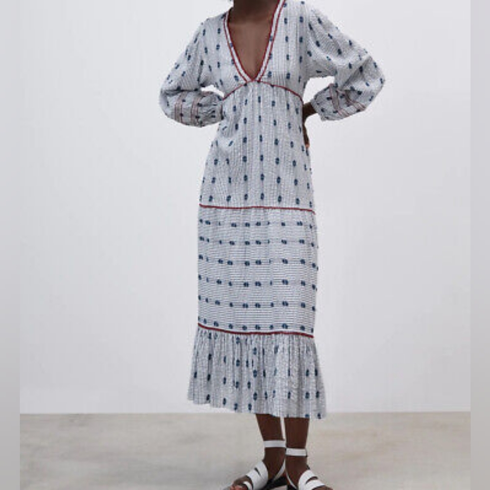 Zara Striped Tiered Maxi Embroidered